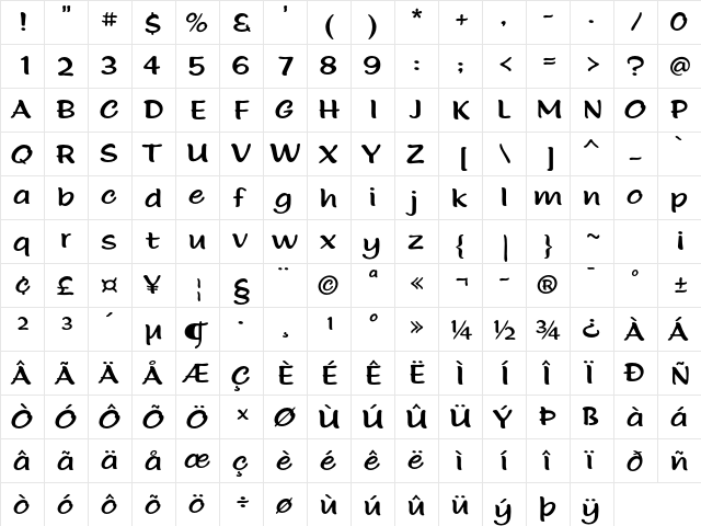 Morris Freestyle Std Regular  glyph index