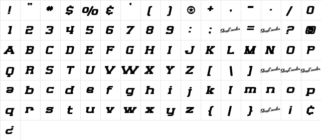 SF Big Whiskey Extended Bold  glyph index