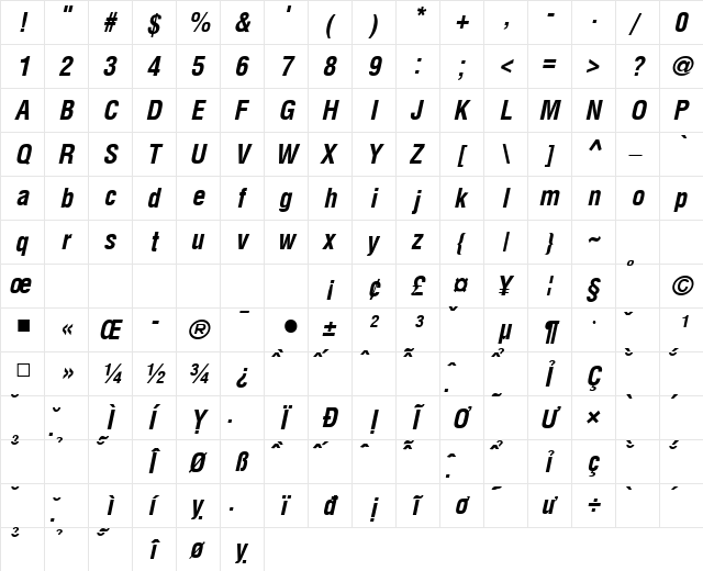 VNI-Helve-Condense Bold-Italic  glyph index