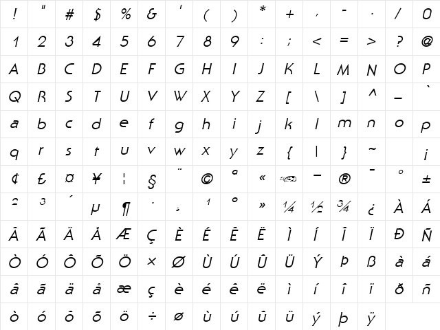 Staid Gothic Italic  glyph index