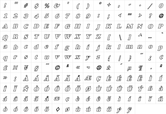 Dover Hvy Hollow Italic Regular  glyph index