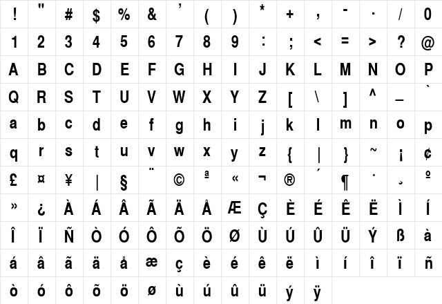 SwitzerlandNarrow Bold  glyph index