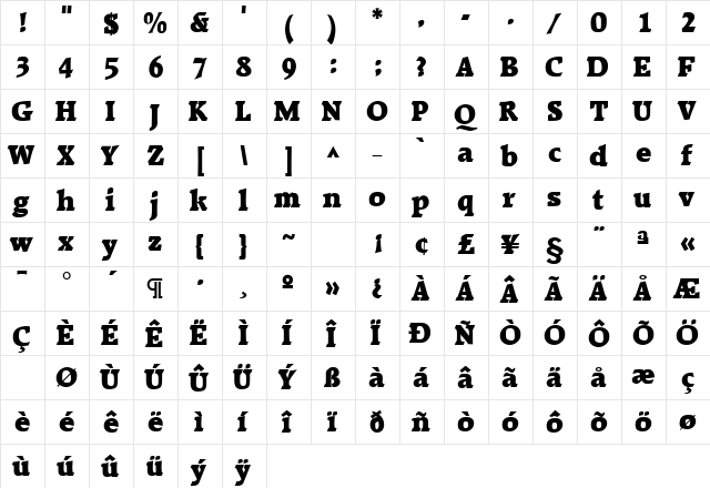 RowdyHeavy Regular  glyph index