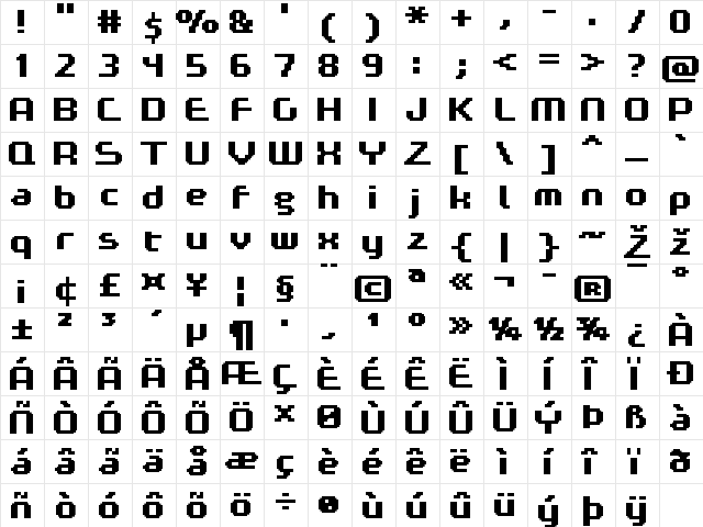 FFF Expresso Bold Extended Regular  glyph index