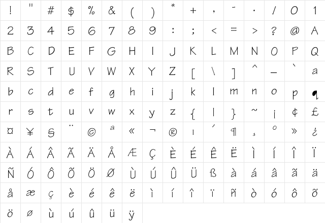 Tontil Regular  glyph index