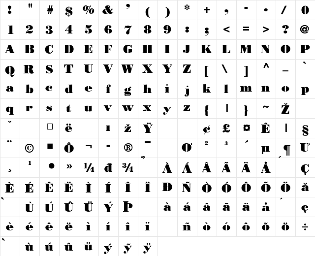 Bodoni-ExtraBold Bold  glyph index