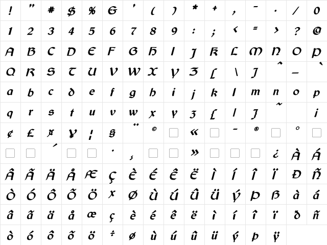 Cyrodiil Bold Italic  glyph index