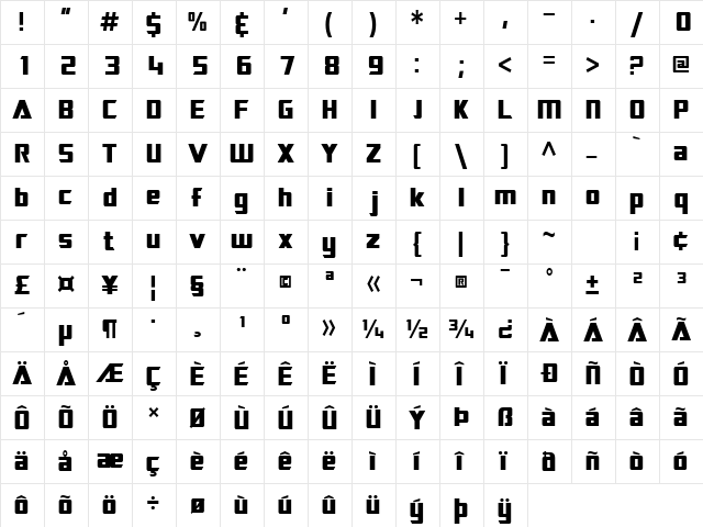 SF TransRobotics Condensed Regular  glyph index