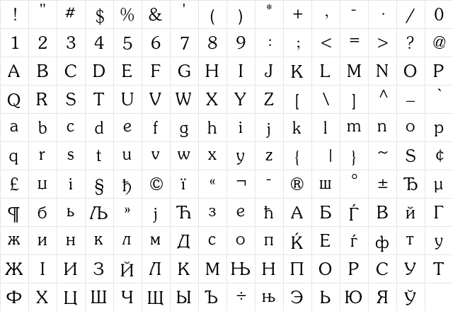 AGPresquire Regular  glyph index