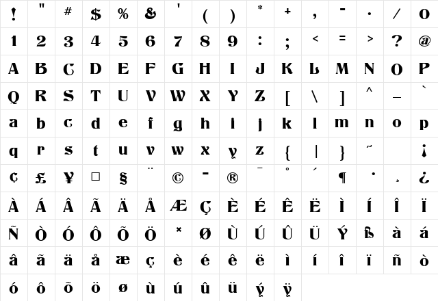 Titania MF Regular  glyph index
