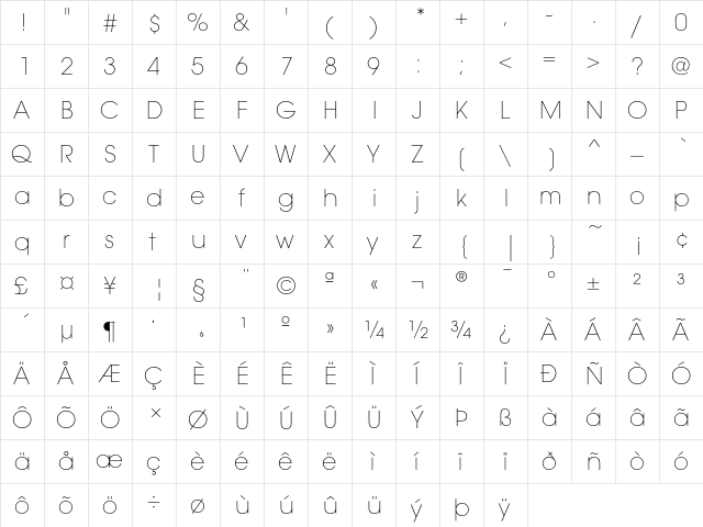 AvantGardEF ExtraLight  glyph index