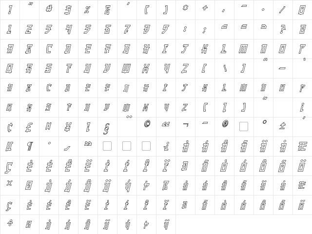 Manga Hollow Italic  glyph index