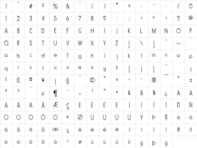 Metro-Condensed Bold  glyph index