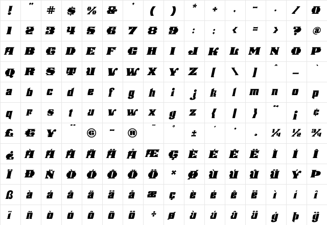 Stampede Italic Regular  glyph index