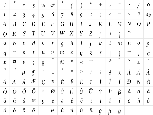 Bohemia LT Std Italic  glyph index