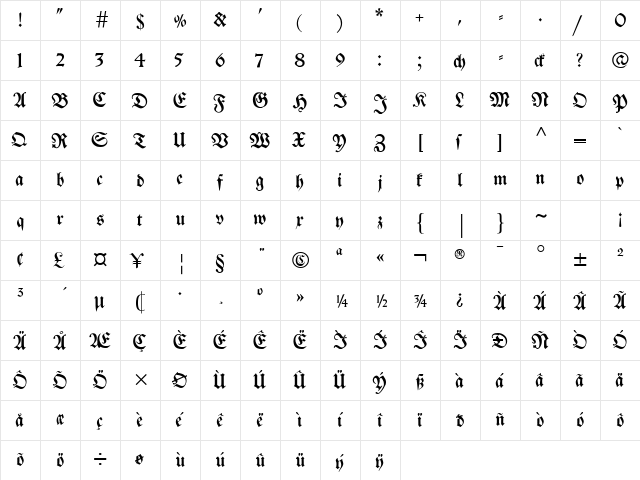 Breitkopf Fraktur Regular  glyph index