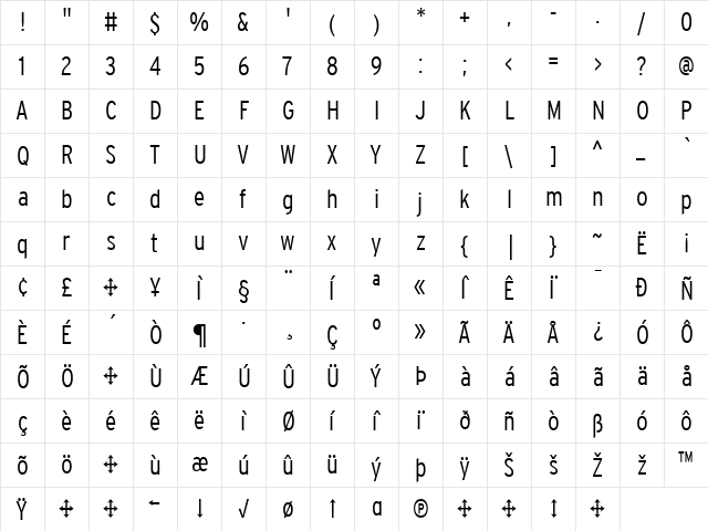 InterstateLightCondensed Regular  glyph index