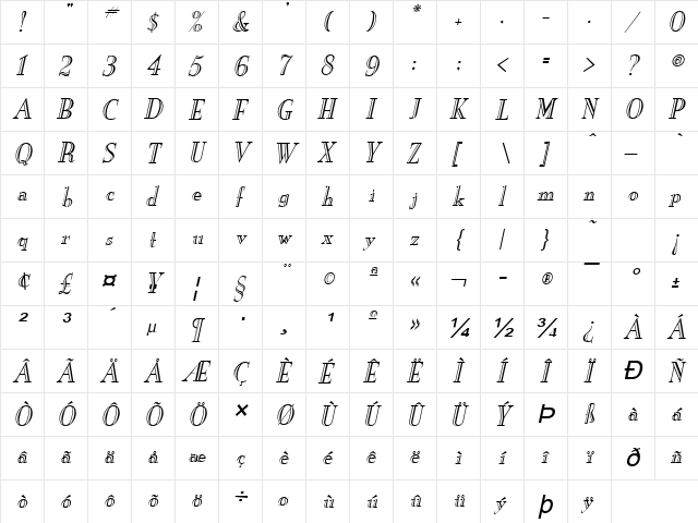 New England Engraved Italic  glyph index