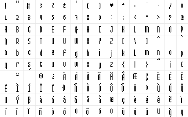 Mixelate Regular  glyph index