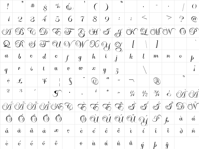 Edwardian Script "more vertical" Regular  glyph index