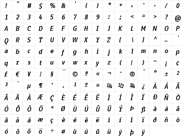 InfoOffice Bold Italic  glyph index