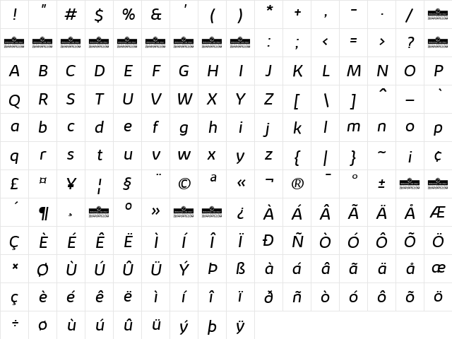 Kabrio Italic  glyph index