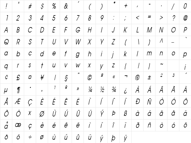 Atilla Thin Italic  glyph index