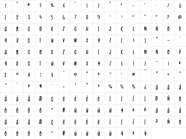 VALENT LOVEY Regular  glyph index