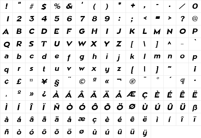 Napa SF Bold Italic  glyph index