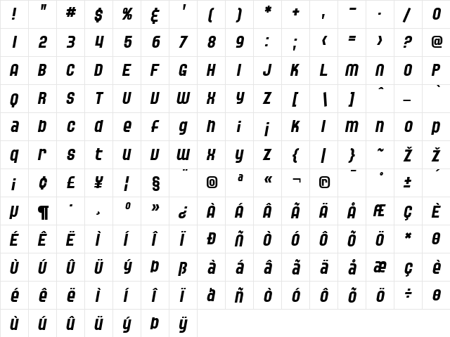 SF Speedwaystar Bold Italic  glyph index