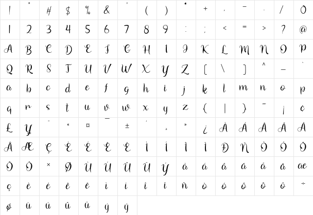 Arionna Regular  glyph index