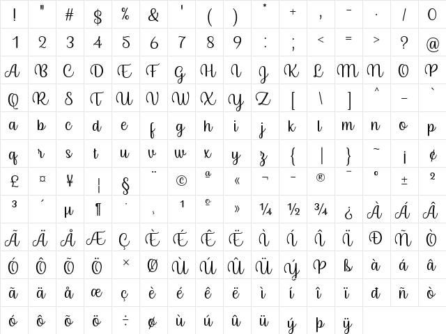 Byby Regular  glyph index