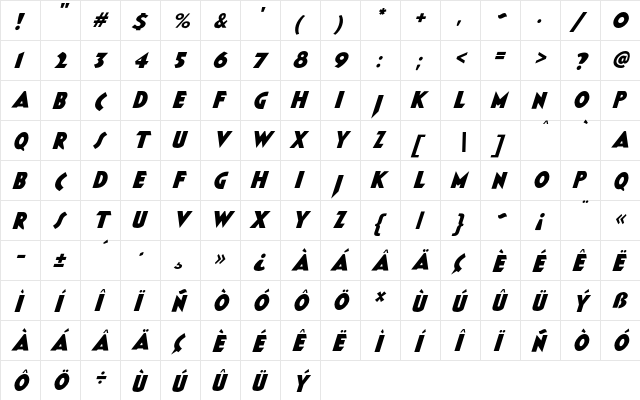 JMH ROCAMBOLE Extrabold Italic  glyph index
