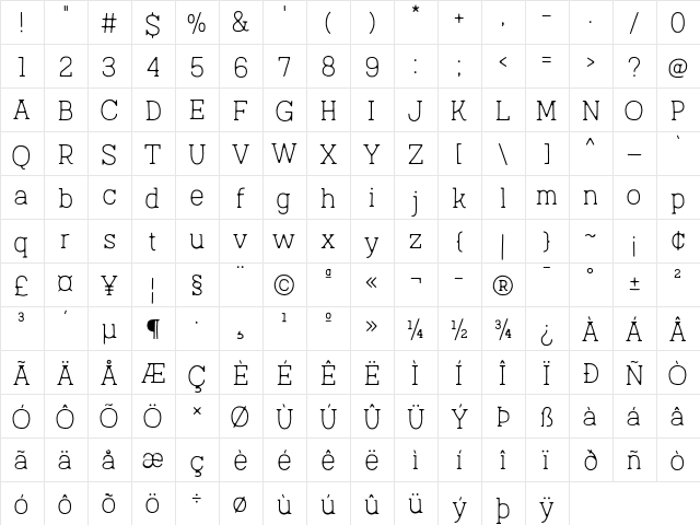 Austral Slab Blur Thin  glyph index