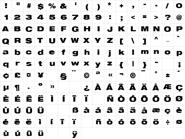 HeaveneticaExtd9 BlkSH  glyph index