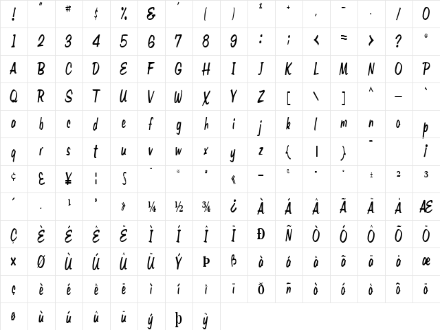 Brush Regular  glyph index