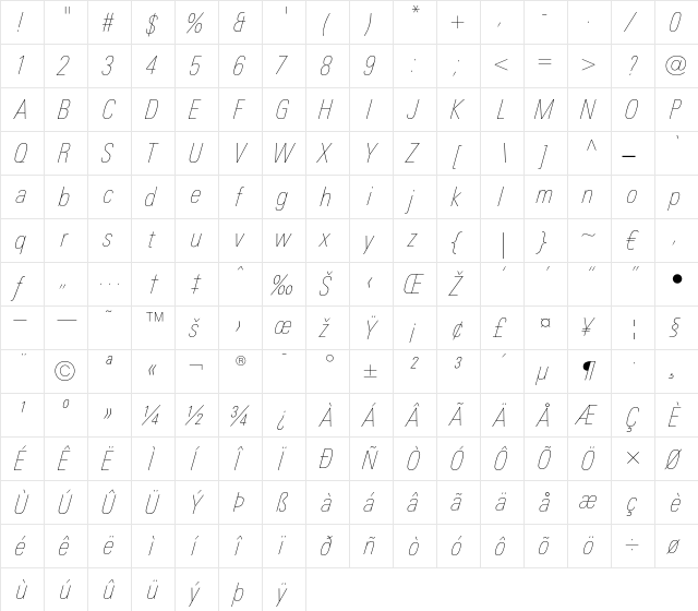 LTUnivers 121 CondUltLtIt  glyph index