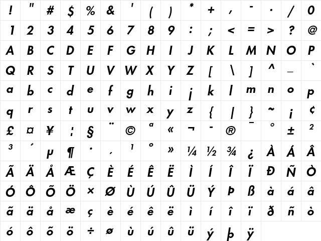 Futura Heavy Oblique  glyph index