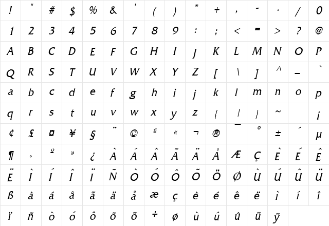 Franco Condensed Italic  glyph index