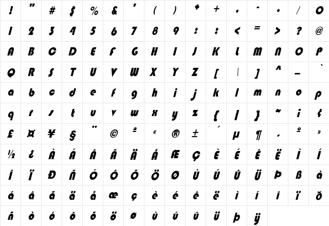 BixleeCndObl-Heavy Regular  glyph index