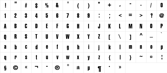 HeliosExtraCompressed Regular  glyph index