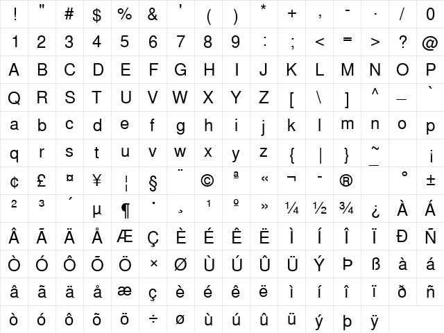 Nimbus Sans Becker L Regular  glyph index