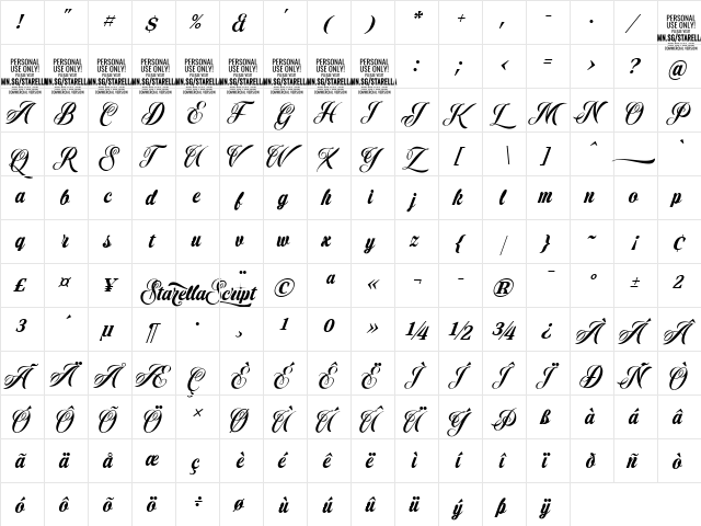 Starella Script PERSONAL USE Regular  glyph index
