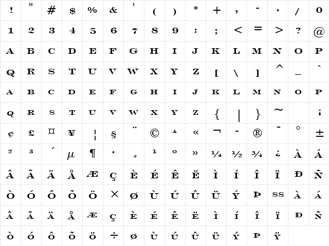 EngravrsRoman Bd BT Bold  glyph index