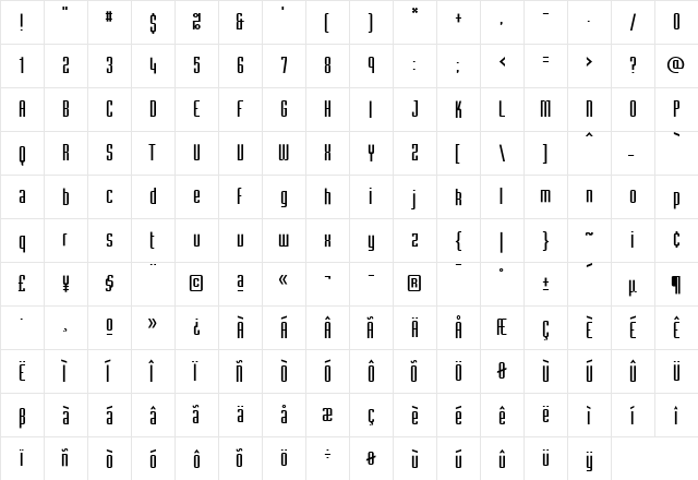 Tube Regular  glyph index