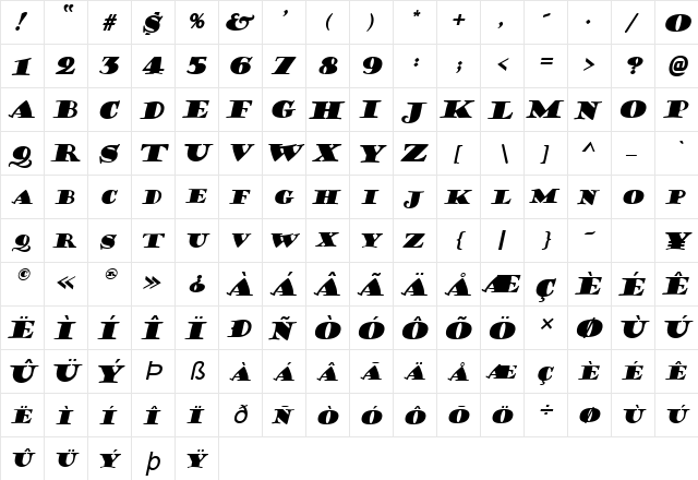 CoffeeSack Italic  glyph index