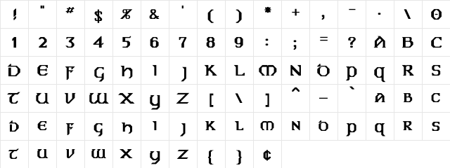 Eire Bold  glyph index
