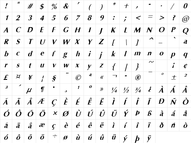 Eterna Bold Italic  glyph index