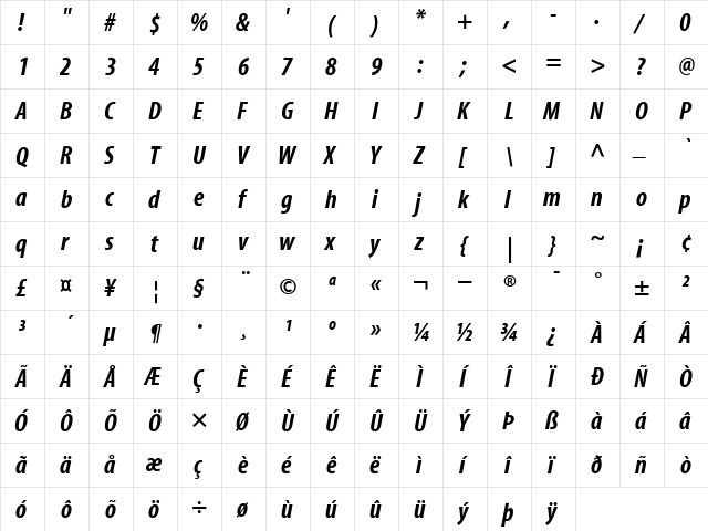 MyriadCn BoldItalic  glyph index