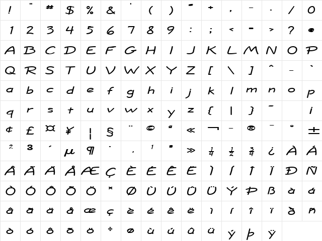 Jolt Extended Bold  glyph index